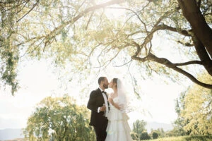 Saph & JJ Cecil Peak Heli Wedding Previews: Newlyweds embrace beneath a willow tree.