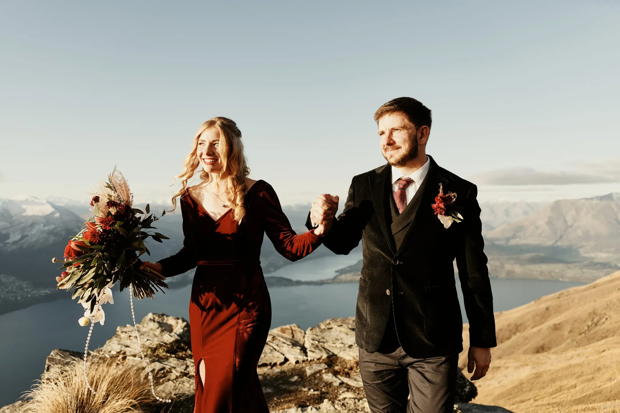 Claire and Rob's heli elopement wedding on top of Cecil Peak in New Zealand.