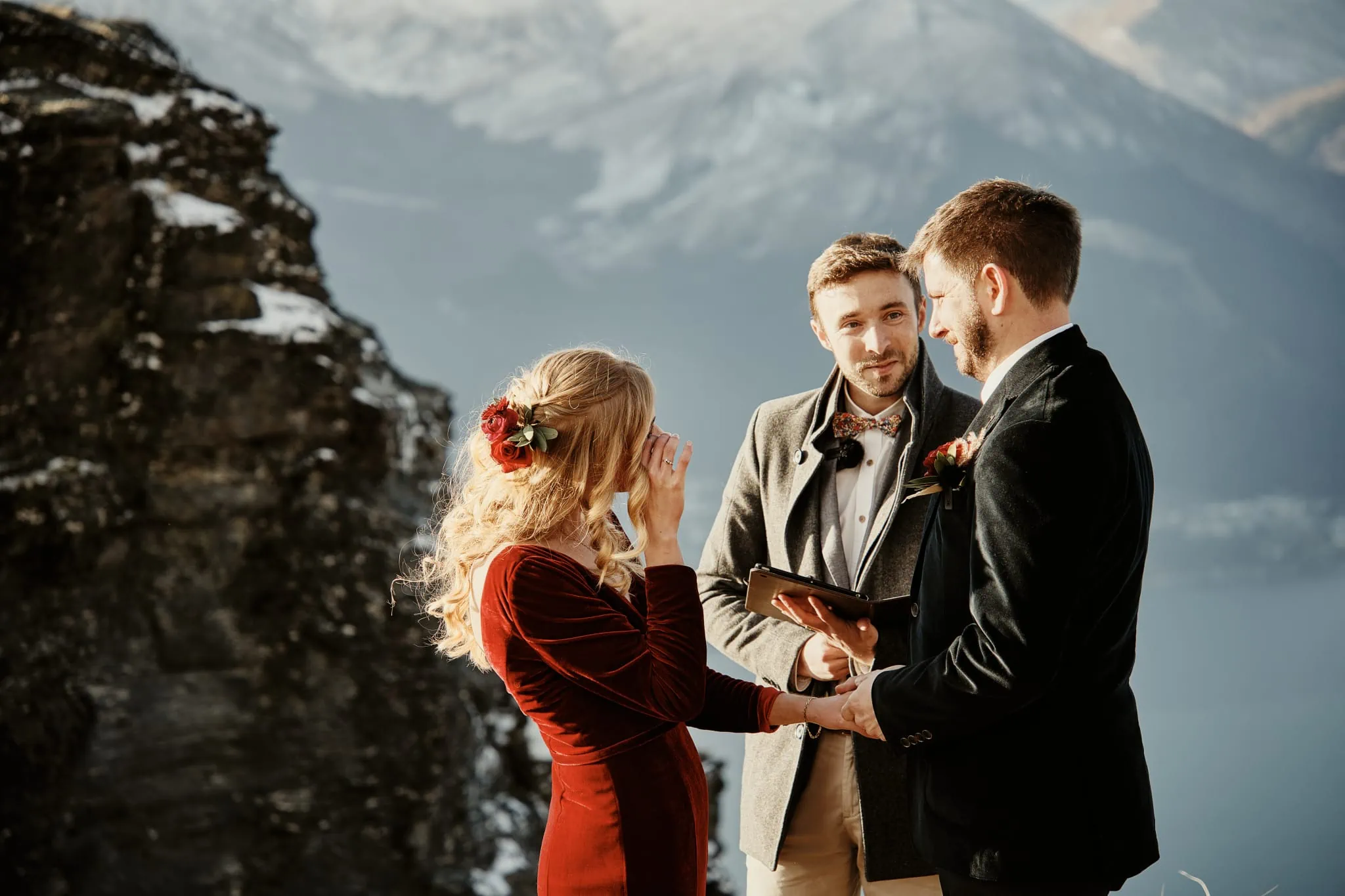 Claire and Rob's heli elopement wedding at Cecil Peak in Switzerland.