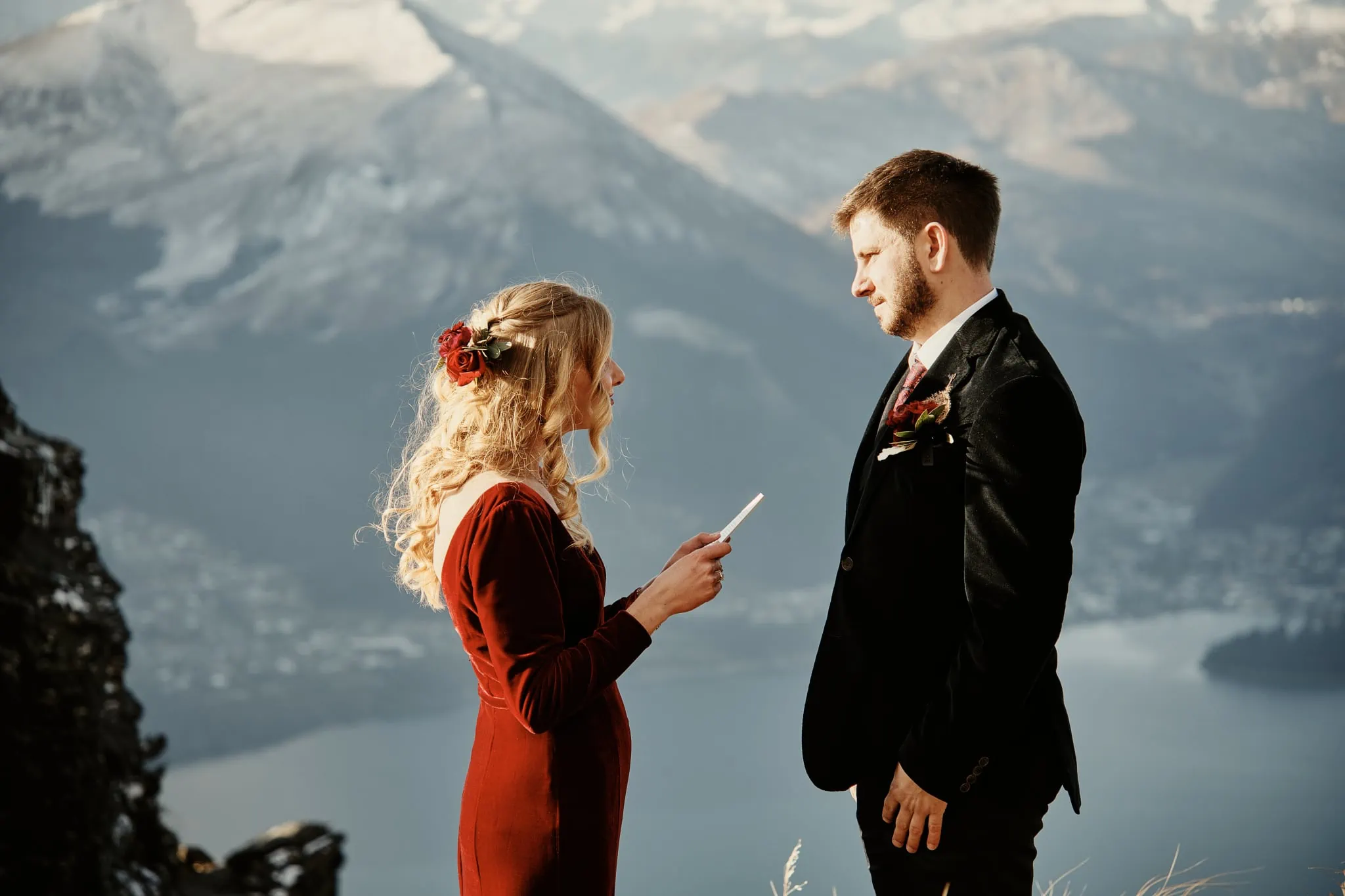 Claire and Rob's heli elopement wedding atop Cecil Peak.
