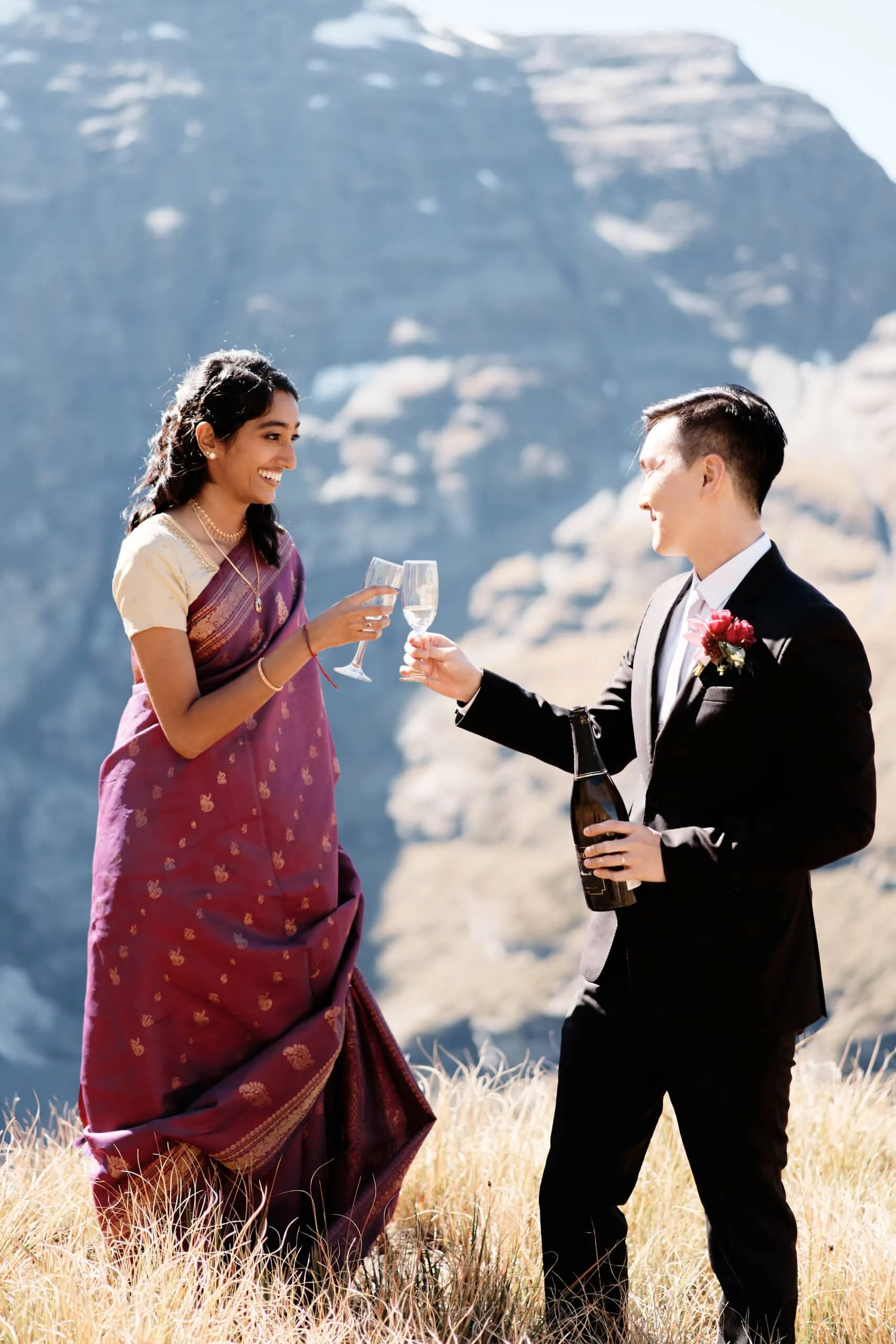 A bride and groom toasting wine in front of a mountain.