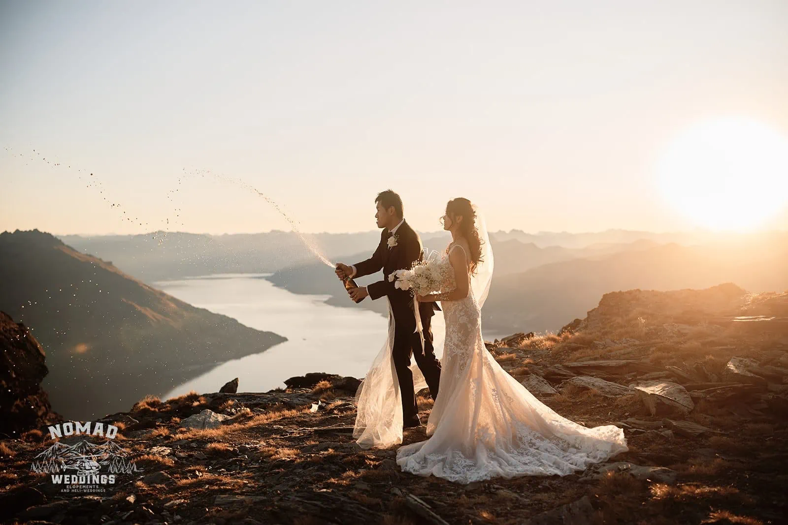 Connie and Andrew's pre-wedding shoot on The Remarkables mountain at sunset.
