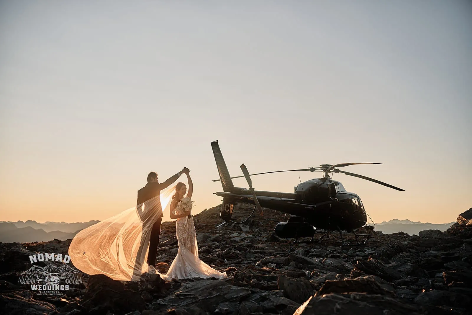 Connie and Andrew's remarkable pre-wedding shoot featuring a helicopter at sunset.