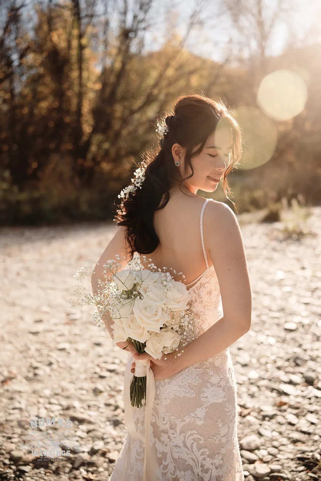 Keywords: bride, wedding dress, bouquet, river.