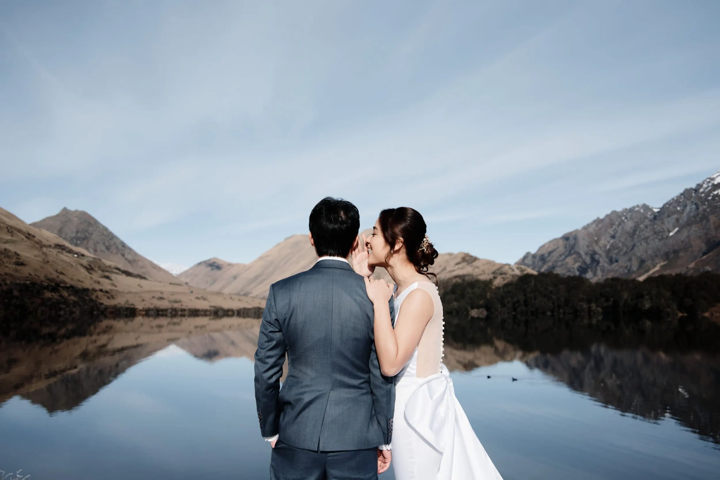Keywords: bride and groom, lake