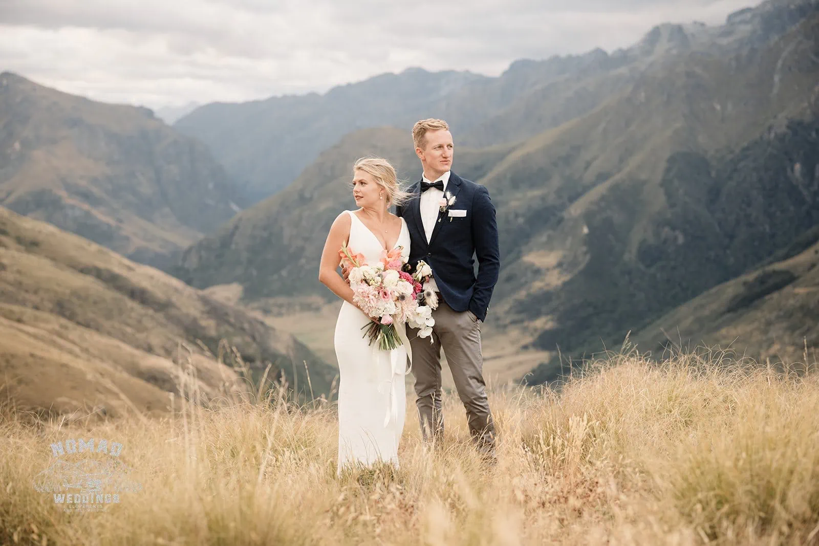 Shannon and Riaan eloping for their wedding on top of a hill in Queenstown, New Zealand.