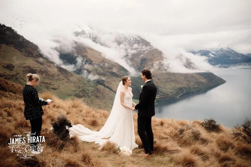 Hannah and Ross elopement wedding atop Queenstown hill, overlooking lake.
