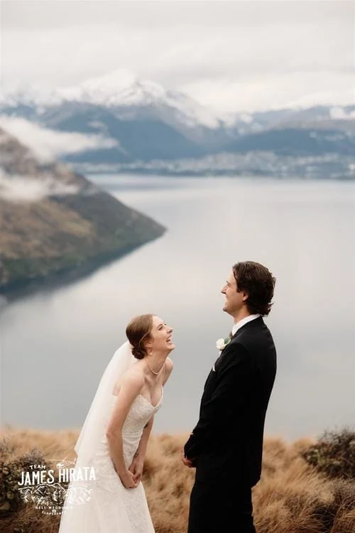 Hannah and Ross Elopement Wedding on a hill overlooking Lake Wanaka in Queenstown, New Zealand.