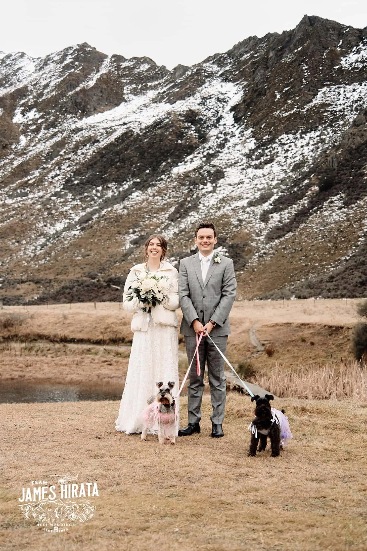 Regan & Jake's Queenstown elopement wedding featuring their dogs and a mountain backdrop.