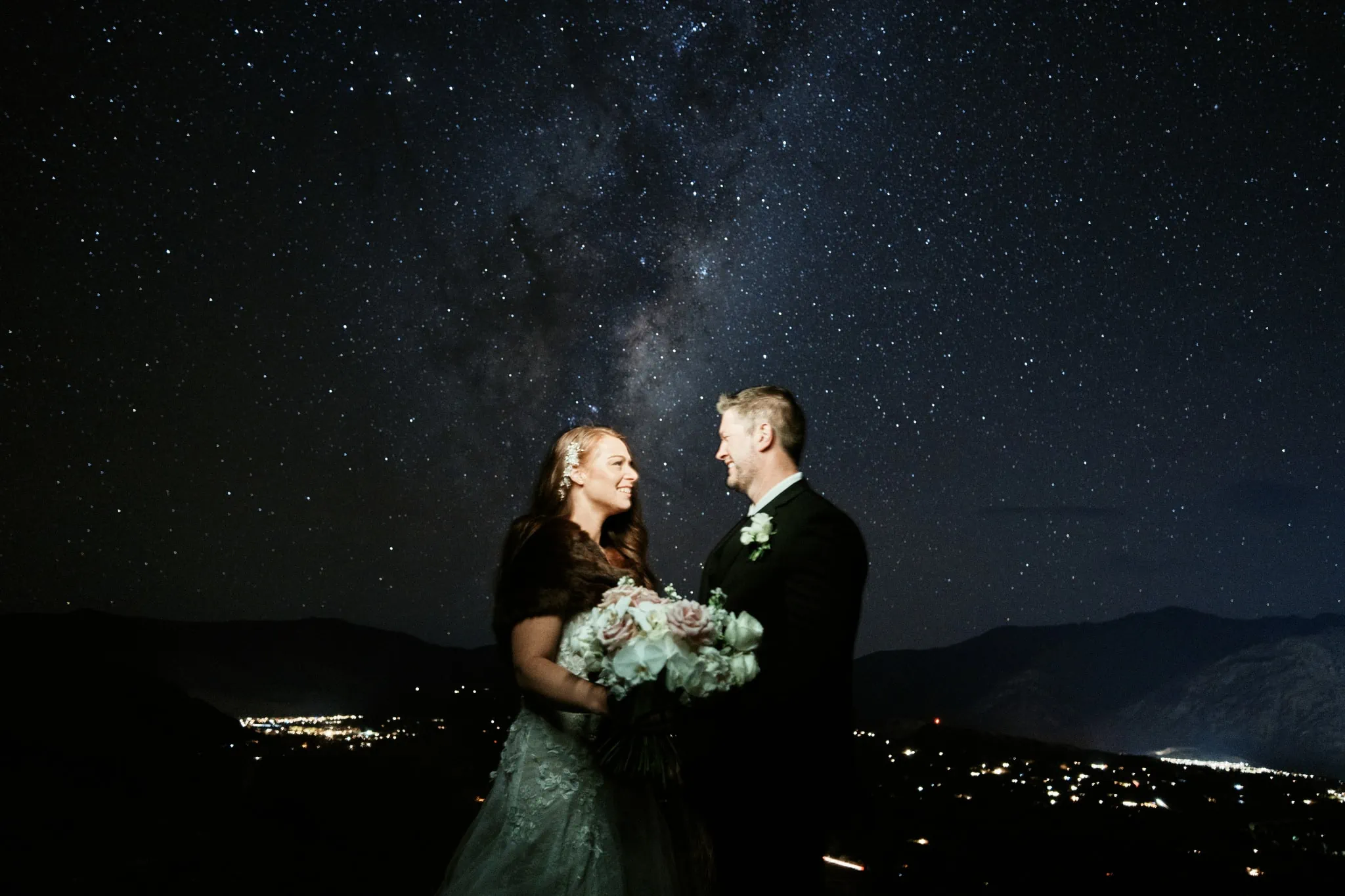 Queenstown New Zealand Elopement Wedding Photographer - Ashleigh and Anthony's Roy's Peak Heli Elopement Wedding, under a starry sky.