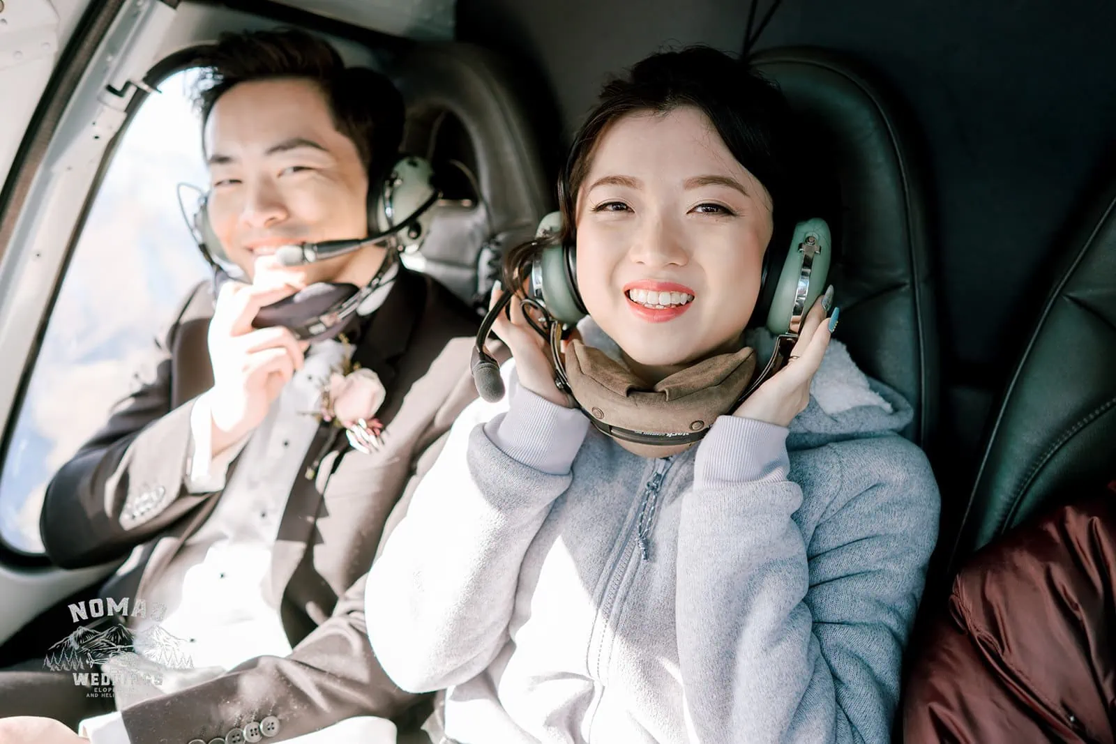 Queenstown New Zealand Elopement Wedding Photographer - Keywords used: Bo and Junyi, helicopter

Description: Bo and Junyi enjoying a pre-wedding photo shoot in a helicopter.