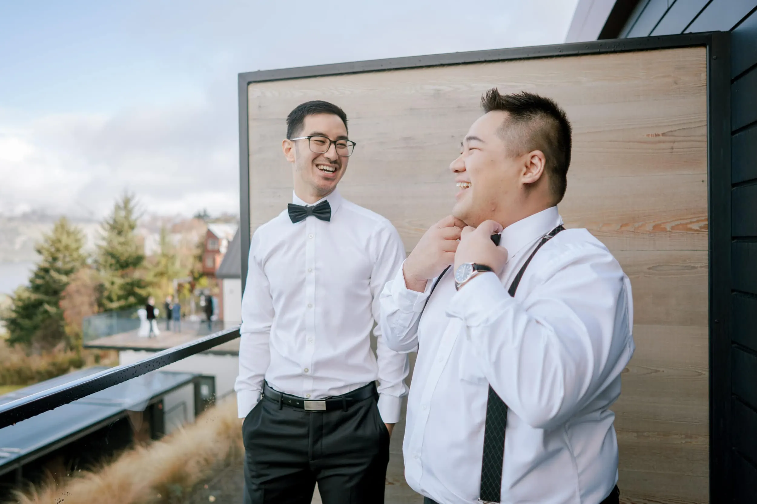 Queenstown New Zealand Elopement Wedding Photographer - Two grooms in tuxedos and bow ties at Lam and Wendy's Kamana Lakehouse Wedding.