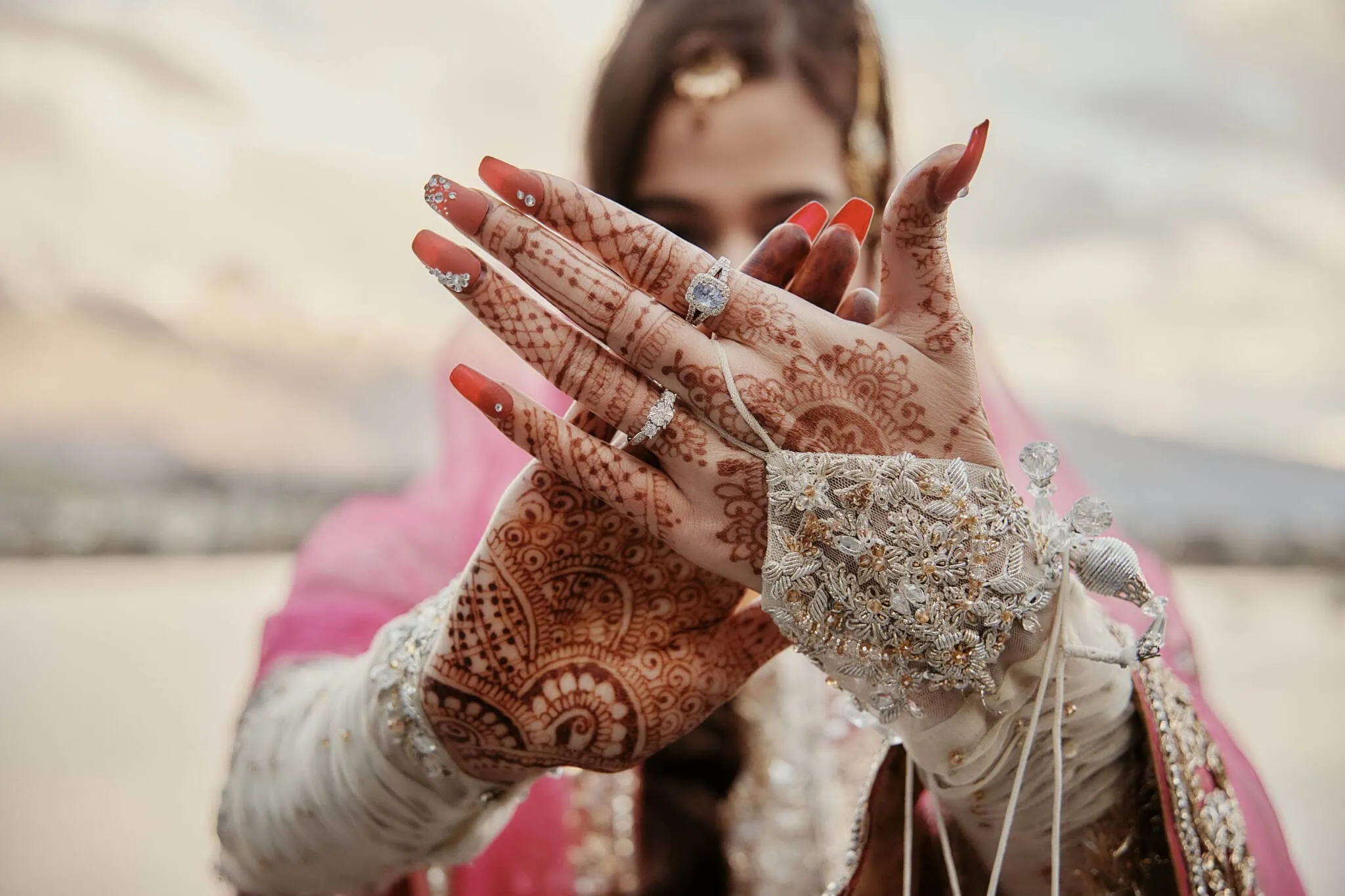 Queenstown New Zealand Elopement Wedding Photographer - Yumn, the bride, adorned with henna, at her Queenstown Islamic Wedding.