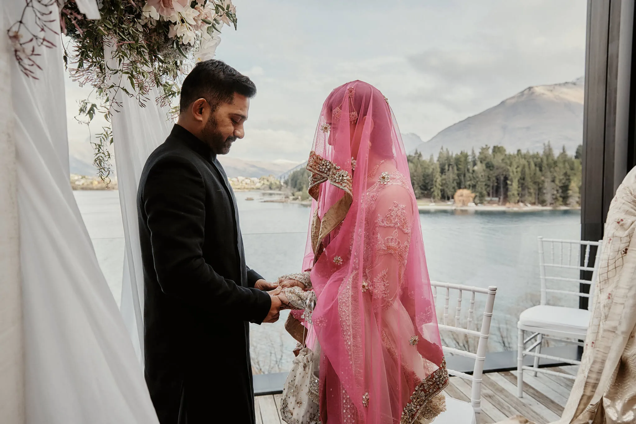 Queenstown New Zealand Elopement Wedding Photographer - Wasim and Yumn have a Queenstown Islamic wedding ceremony in front of a lake.