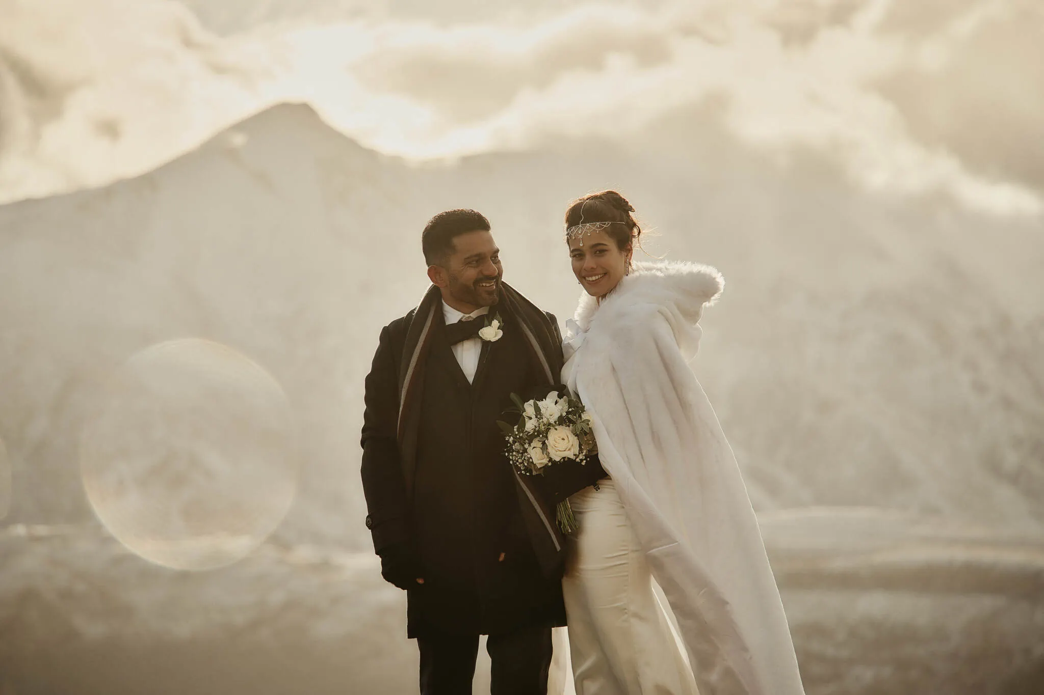 Queenstown New Zealand Elopement Wedding Photographer - Wasim and Yumn's Queenstown Islamic Wedding with a snow covered mountain backdrop.