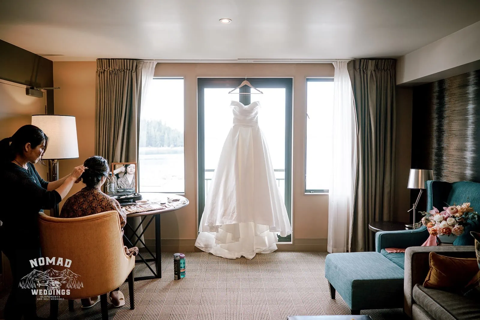 Queenstown New Zealand Elopement Wedding Photographer - Bo and Junyi are preparing for their Heli Pre Wedding Shoot in a hotel room.