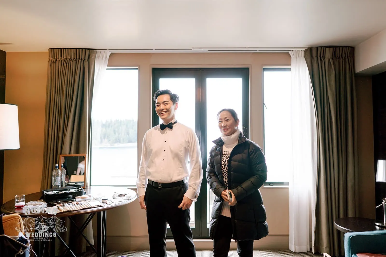 Queenstown New Zealand Elopement Wedding Photographer - Bo and Junyi doing a pre-wedding photoshoot in a hotel room.