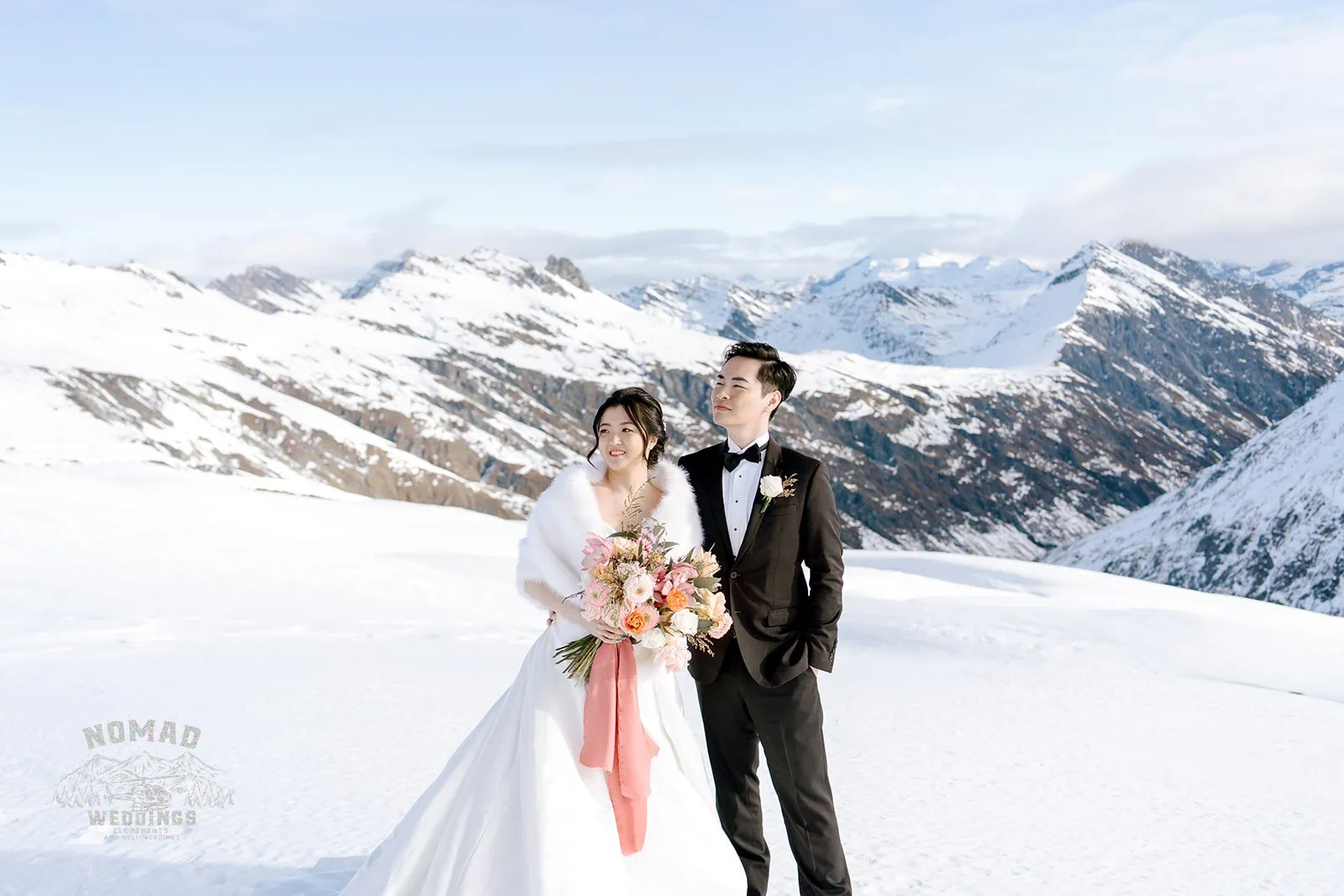 Queenstown New Zealand Elopement Wedding Photographer - Keywords: Bride and groom, snow covered mountain.