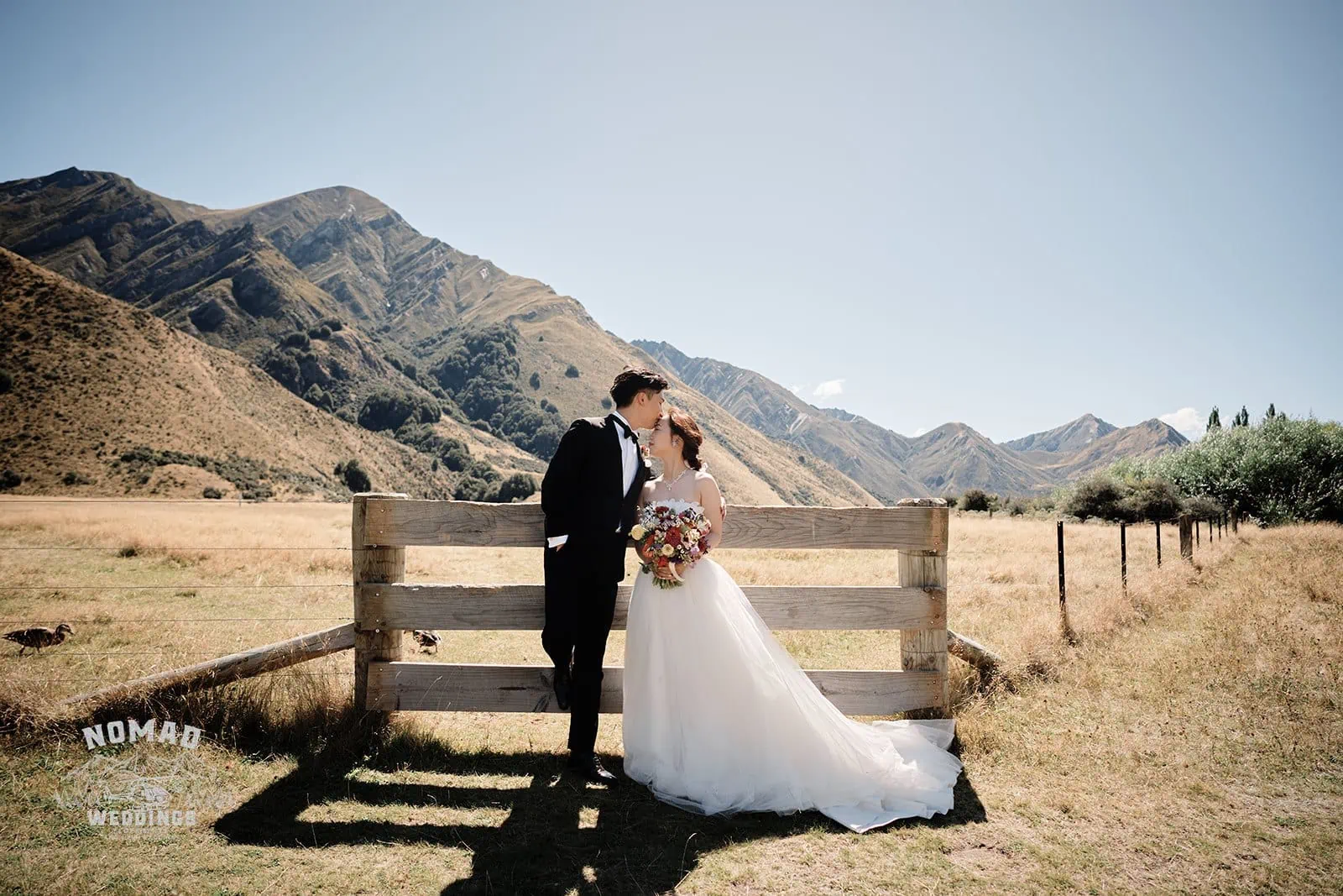 Queenstown New Zealand Elopement Wedding Photographer - A bride and groom kissing on a wooden fence in the mountains during summer.