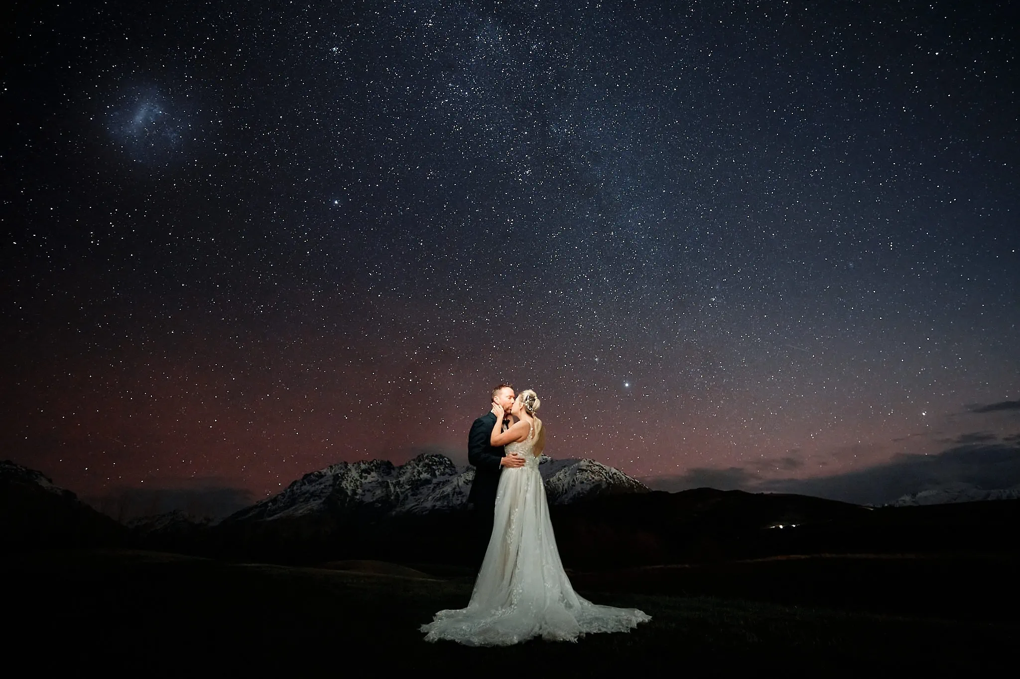 Queenstown New Zealand Elopement Wedding Photographer - A stunning Starry Night shoot featuring a bride and groom under the starry sky