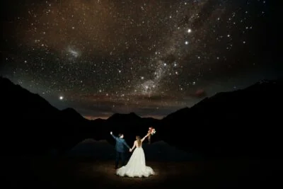 Queenstown New Zealand Elopement Wedding Photographer - A stunning Starry Night shoot showcasing a bride and groom under a starry sky, adding a magical touch to their portfolio.