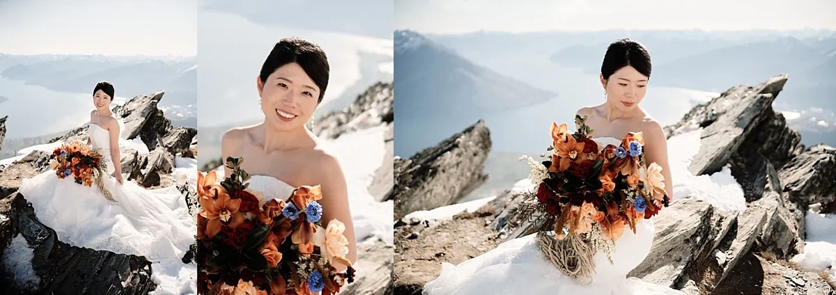 Queenstown Wedding Photographer A bride, Asumi, holding a bouquet on top of a mountain in Queenstown.