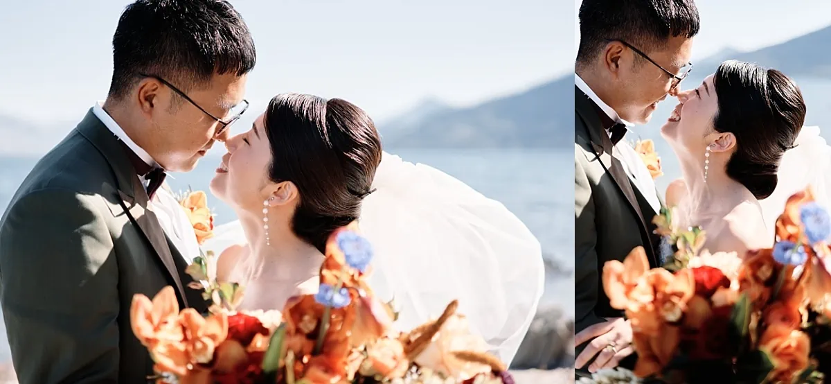 Queenstown Wedding Photographer Asumi and Atsushi, a soon-to-be-married couple, sharing a romantic kiss during their pre-wedding shoot in Queenstown, with a picturesque lake serving as the