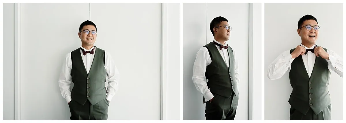 Queenstown Wedding Photographer A man in a green vest is posing in front of a white wall during the Pre Wedding Shoot in Queenstown Ground Level.