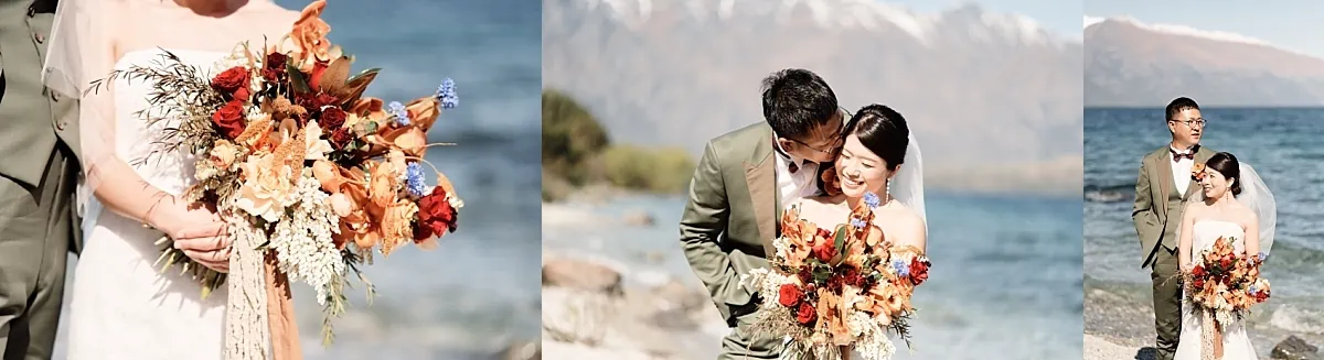 Queenstown Wedding Photographer Asumi & Atsushi, a couple in their pre-wedding shoot, sharing a romantic kiss on the shore of Lake Wanaka near Queenstown.