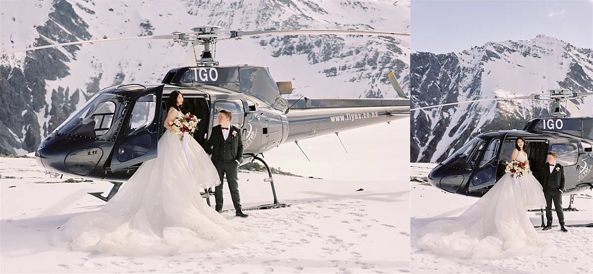 Queenstown Elopement Heli Wedding Photographer クイーンズタウン結婚式 | An elopement wedding couple standing next to a helicopter in the snow.