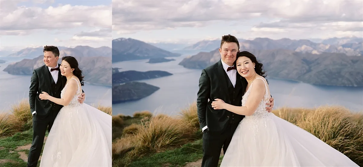 Queenstown Elopement Heli Wedding Photographer クイーンズタウン結婚式 | An elopement wedding couple posing on top of a mountain overlooking Lake Wanaka.