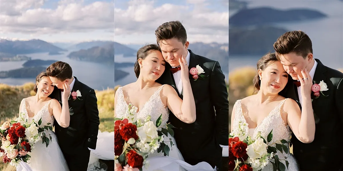 Queenstown Elopement Heli Wedding Photographer クイーンズタウン結婚式 | A beautiful elopement wedding collage showcasing a radiant bride and groom.