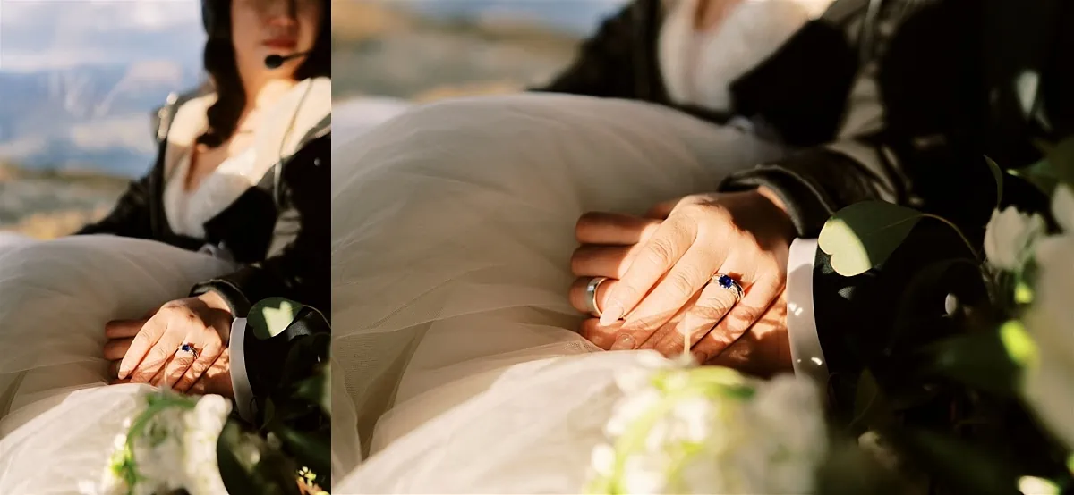 Queenstown Elopement Heli Wedding Photographer クイーンズタウン結婚式 | A bride at her elopement wedding is holding her wedding ring in her hands.