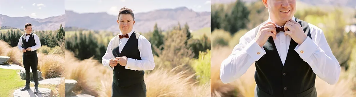 Queenstown Elopement Heli Wedding Photographer クイーンズタウン結婚式 | Michael, wearing a tuxedo, is adjusting his tie for his Roy's Peak Elopement.