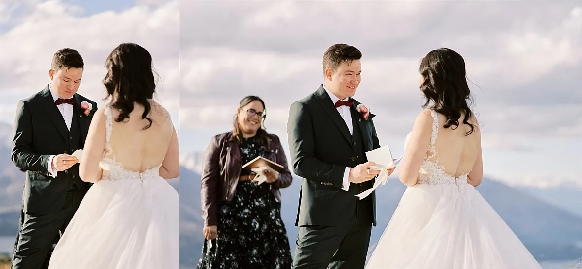 Queenstown Elopement Heli Wedding Photographer クイーンズタウン結婚式 | An intimate elopement wedding takes place as a bride and groom exchange heartfelt vows against the breathtaking backdrop of a majestic mountain.