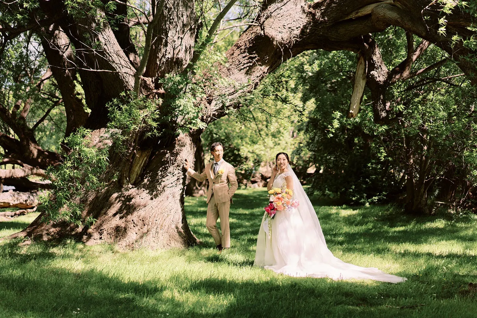 Queenstown Elopement Heli Wedding Photographer クイーンズタウン結婚式 | A Pre-Wedding couple, Taisei and Saki, standing under a large tree.