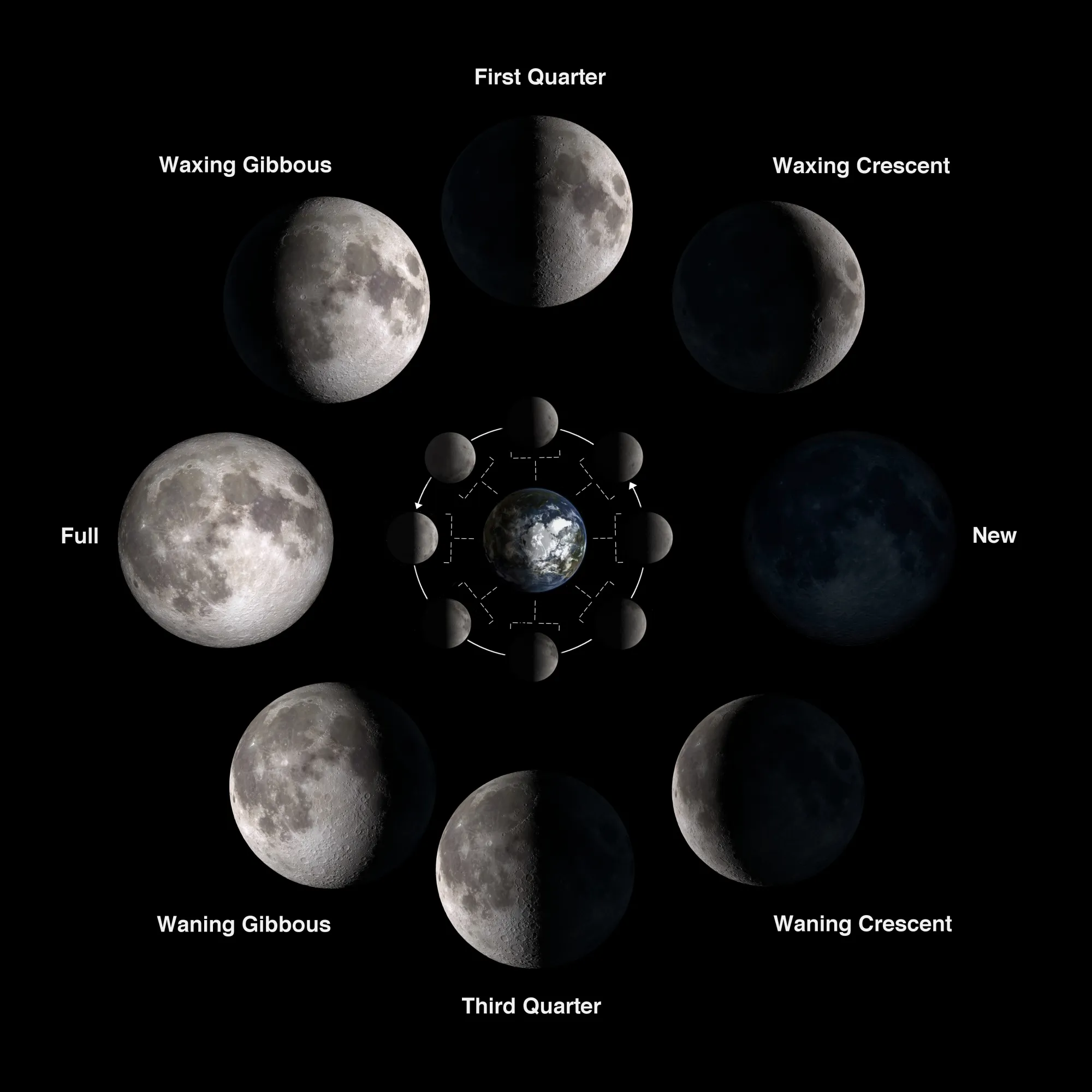 queenstown new zealand heli wedding elopement photographer videographer | Astrophotography diagram depicting the phases of the moon: new, waxing crescent, first quarter, waxing gibbous, full, waning gibbous, third quarter,